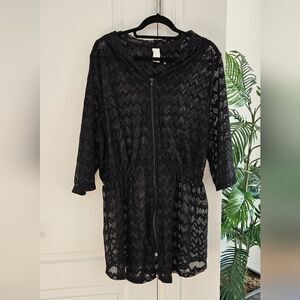 Black Lace Hooded Zip Up Top/ Swim Cover-Up